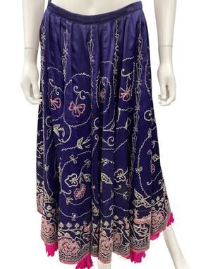Skirt Women’s SZ6 Long Embroidered Under Layer Of Pink Ruffled Fabric Deep Blue